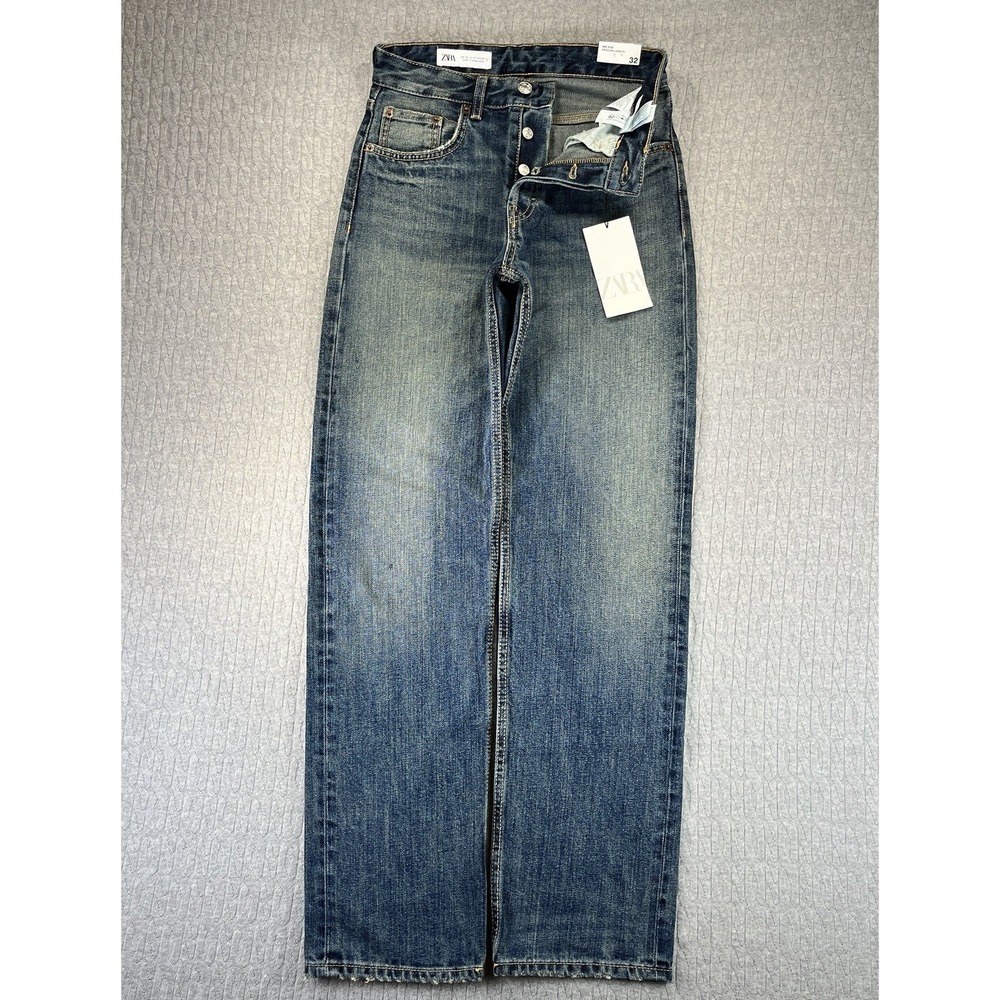 New Zara Straight Leg Jeans Women 0 Blue Mid Rise Medium Wash Button Fly   Denim